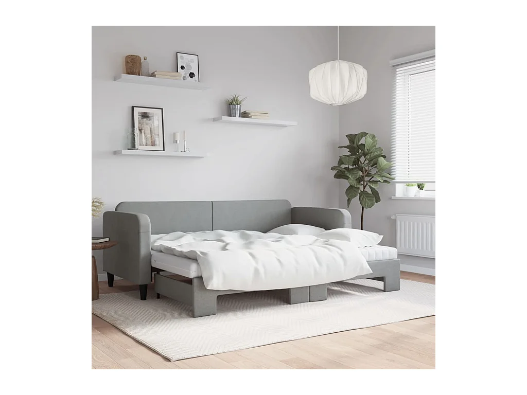 Lit de jour avec gigogne et matelas gris clair 80x200 cm tissu