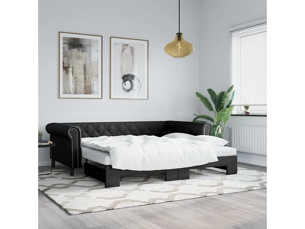 Tagesbett Ausziehbar Schwarz 90x200 cm Kunstleder