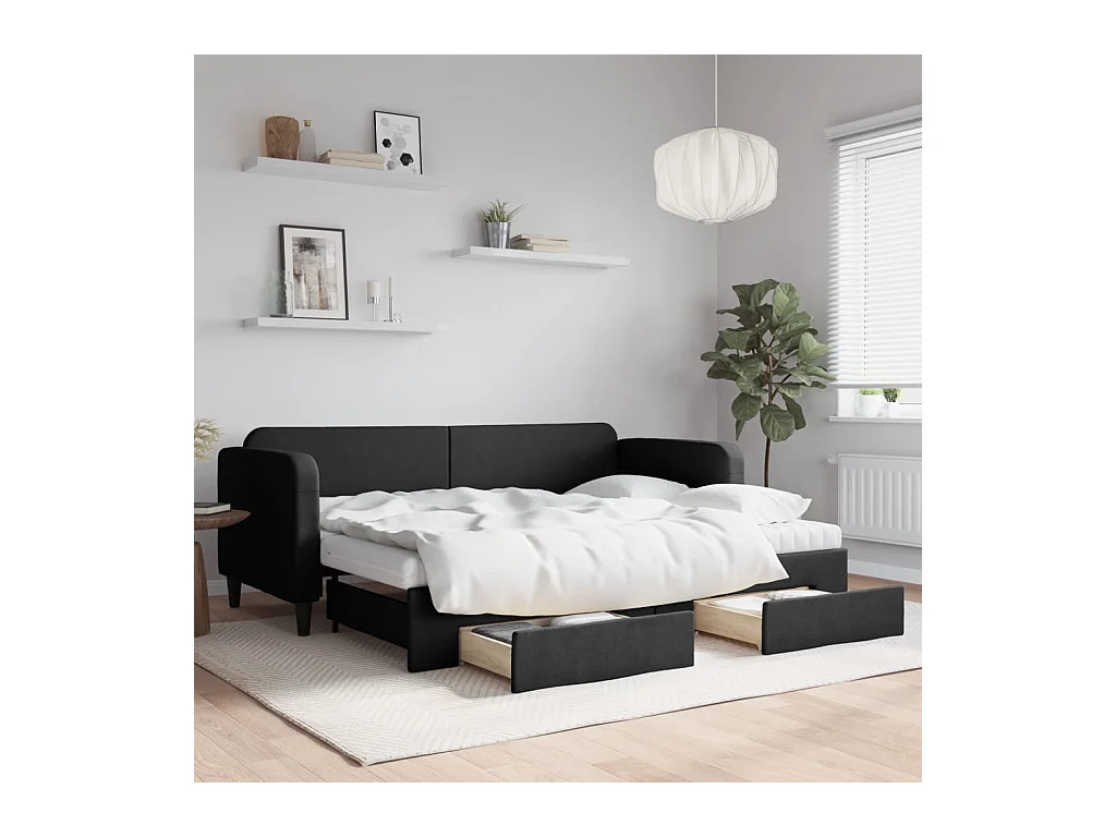 Divano Letto Estraibile con Cassetti Nero 80x200 cm in Tessuto