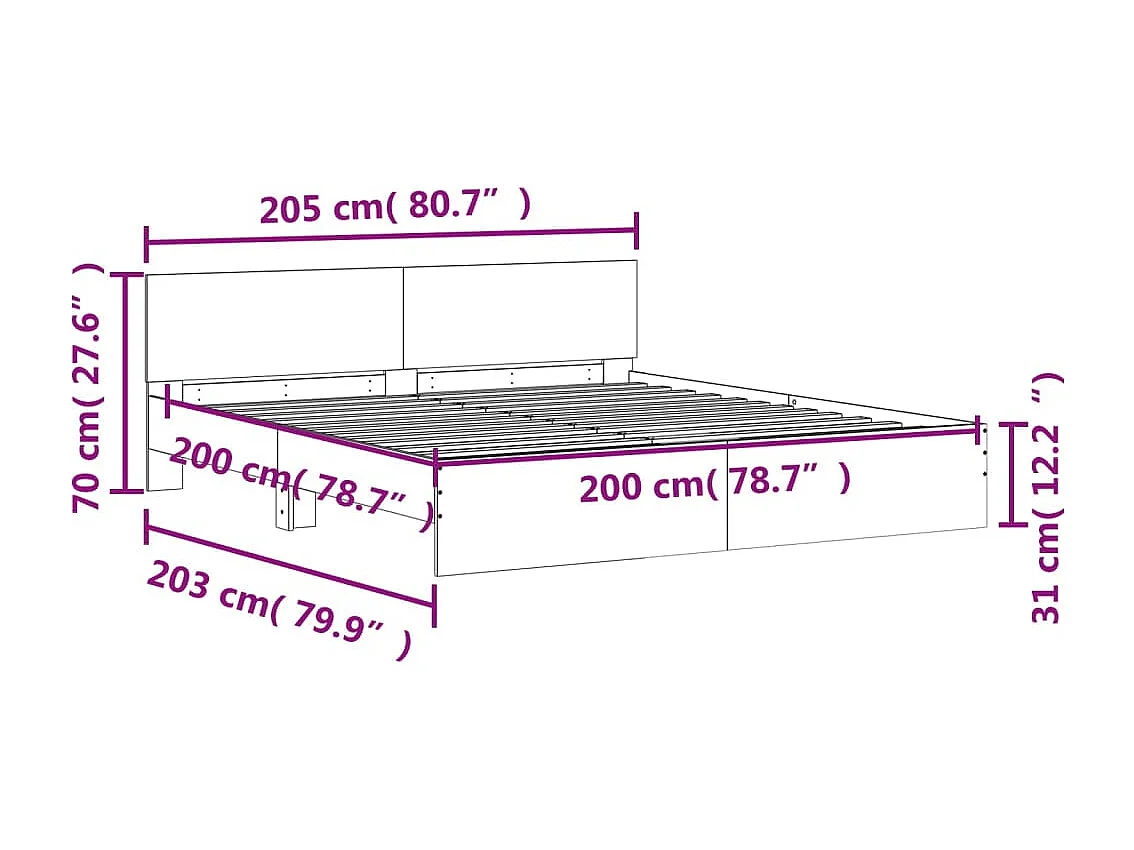 Estrutura de cama com cabeceira e luzes LED 200x200 cm branco