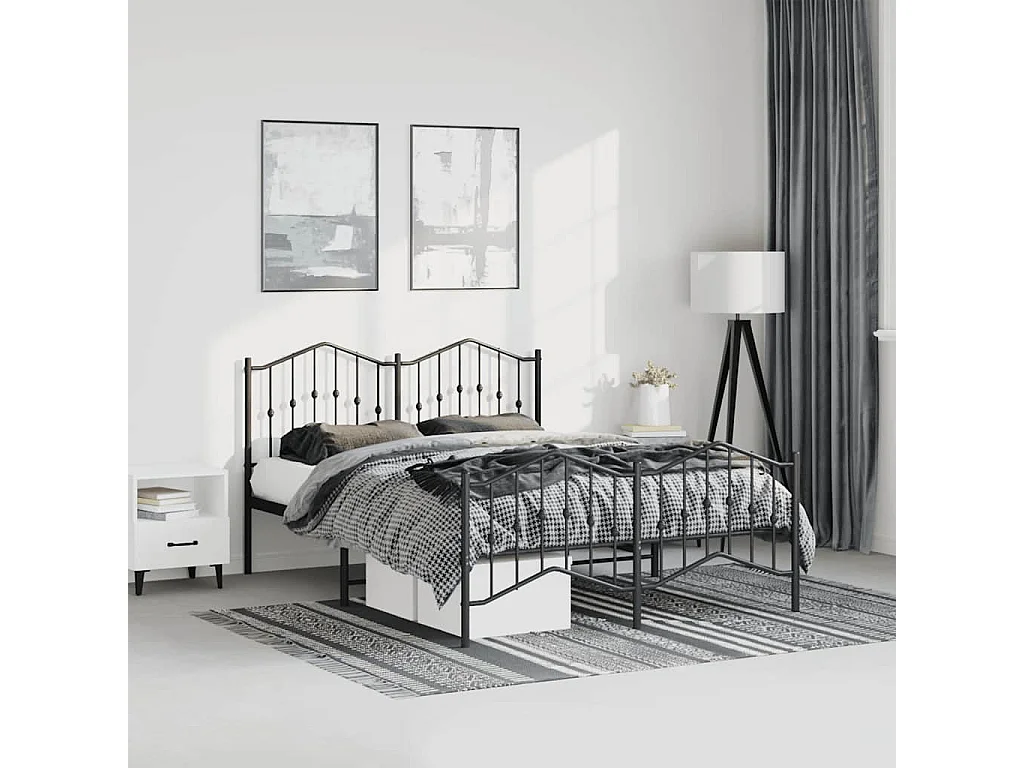 Cadre de lit métal sans matelas avec pied de lit noir 135x190cm