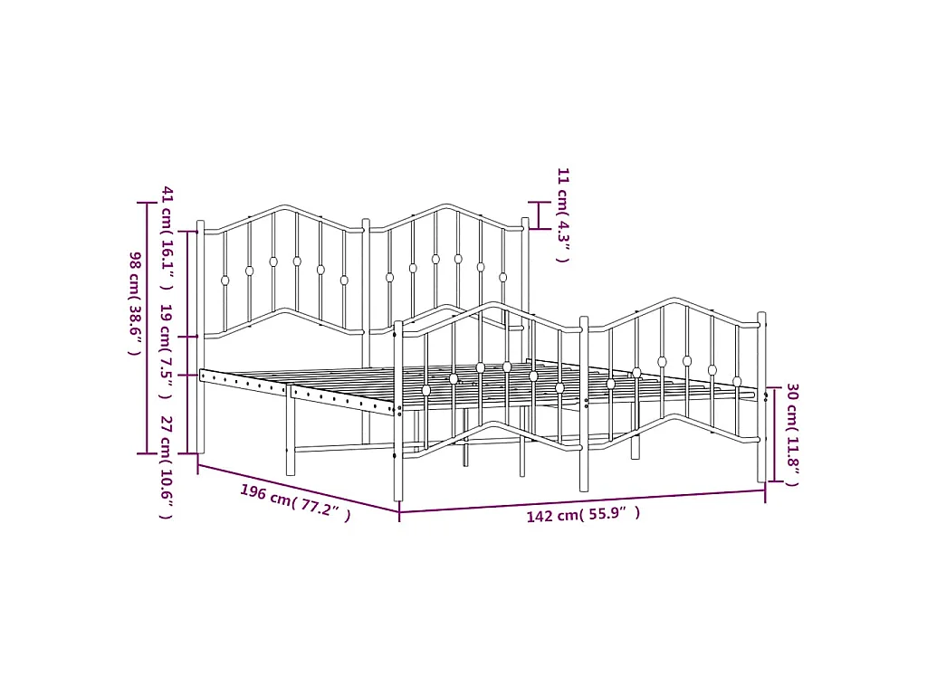 Cadre de lit métal sans matelas avec pied de lit noir 135x190cm