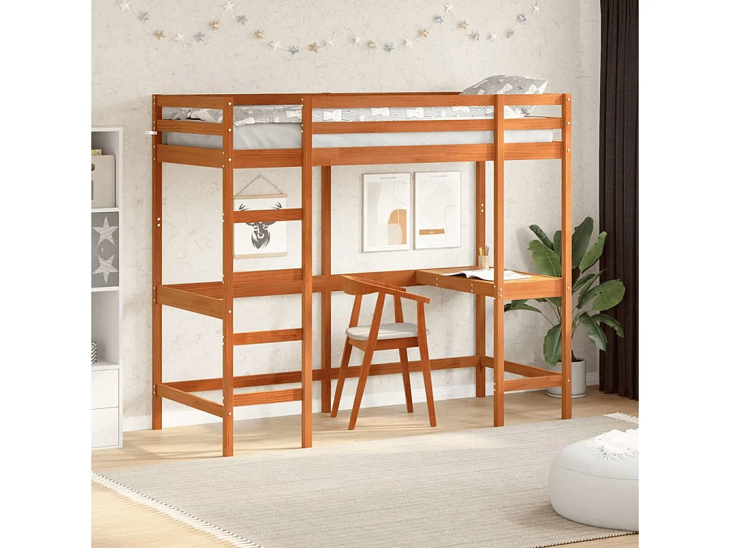 Cama alta com secretária 75x190 cm pinho maciço castanho-mel