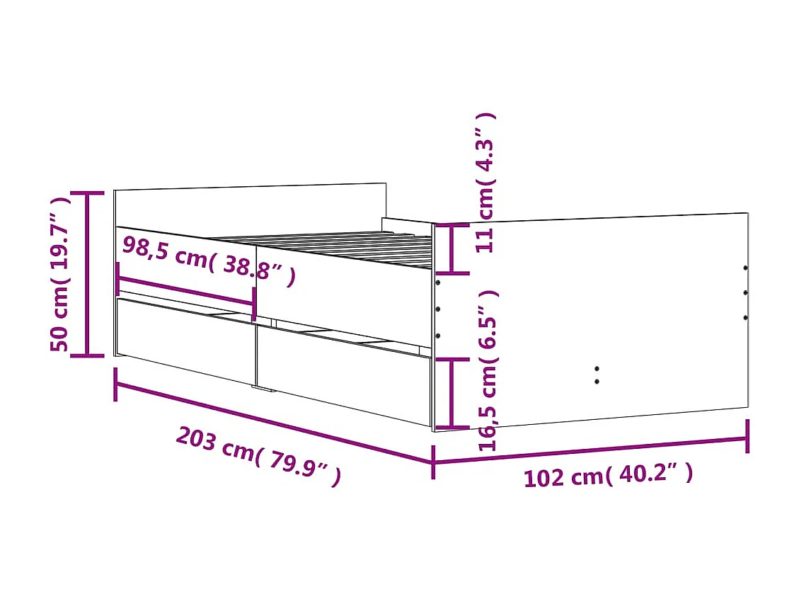Estructura de cama con cajones gris hormigón 100x200 cm