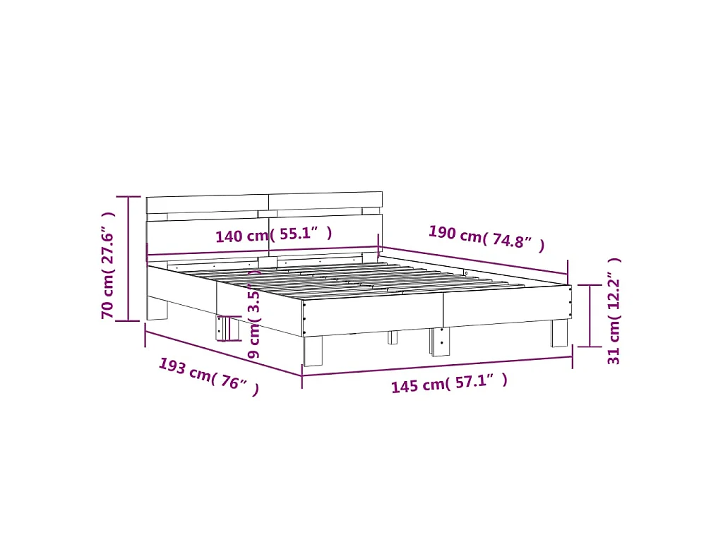 Bedframe met hoofdeinde bewerkt hout grijs sonoma 140x190 cm