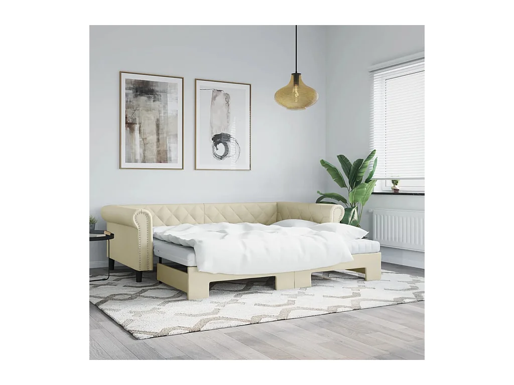 Lit de jour avec gigogne et matelas crème 90x200 cm similicuir