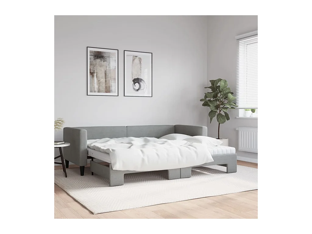 Lit de jour avec gigogne et matelas gris clair 80x200 cm tissu
