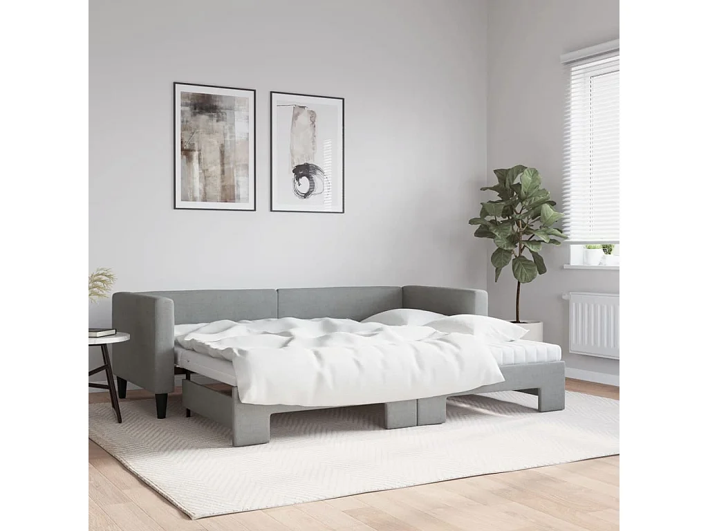 Lit de jour avec gigogne et matelas gris clair 80x200 cm tissu