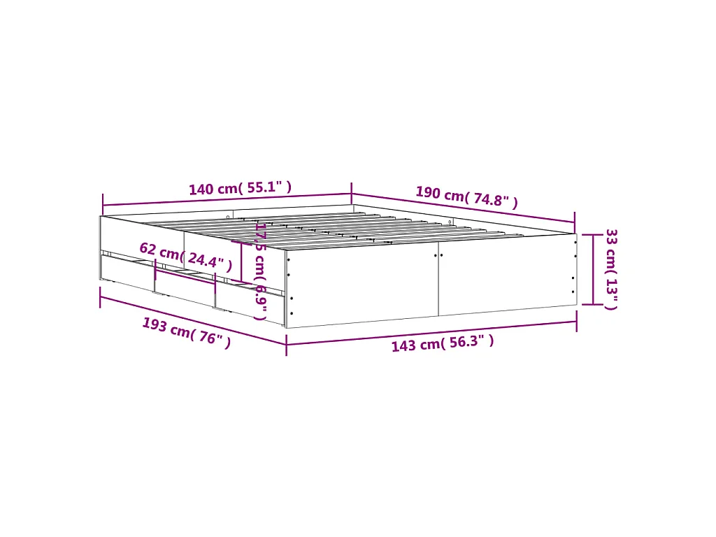 Cadre de lit avec tiroirs sans matelas noir 140x190 cm