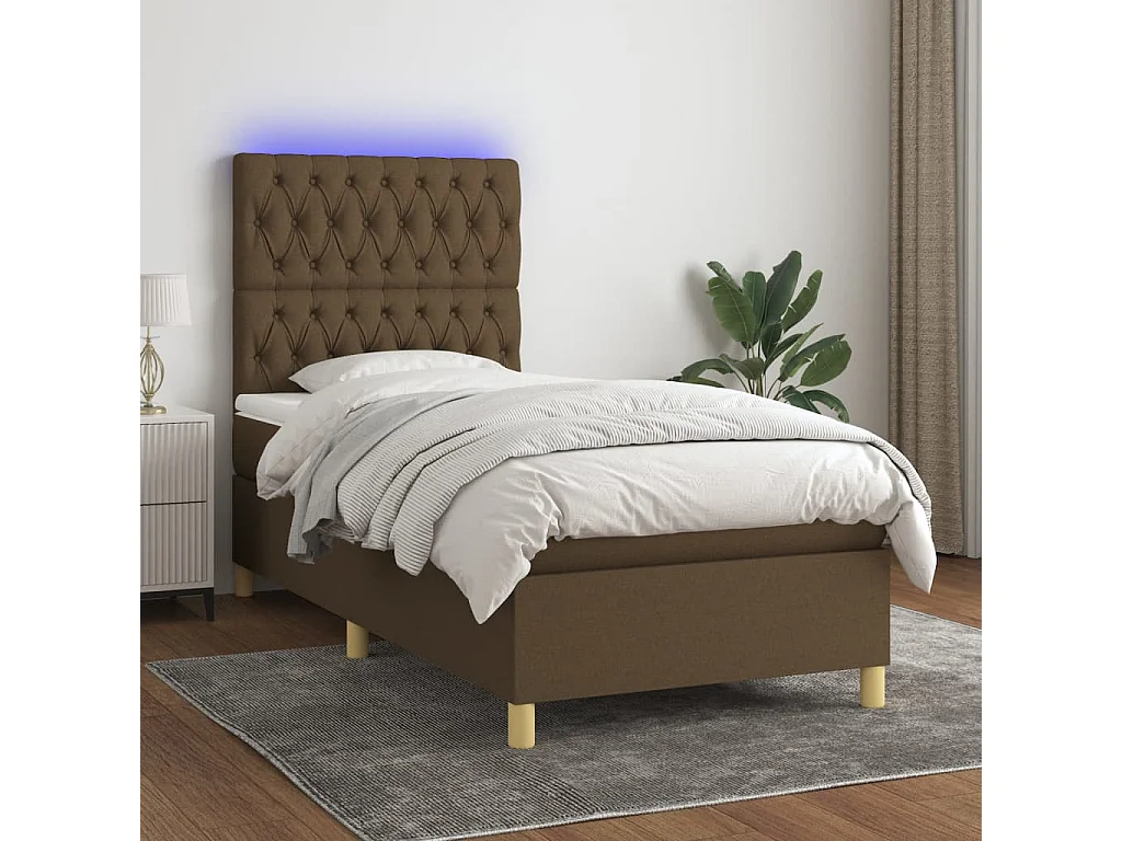 Letto a Molle Materasso e LED Marrone Scuro 90x190cm in Tessuto
