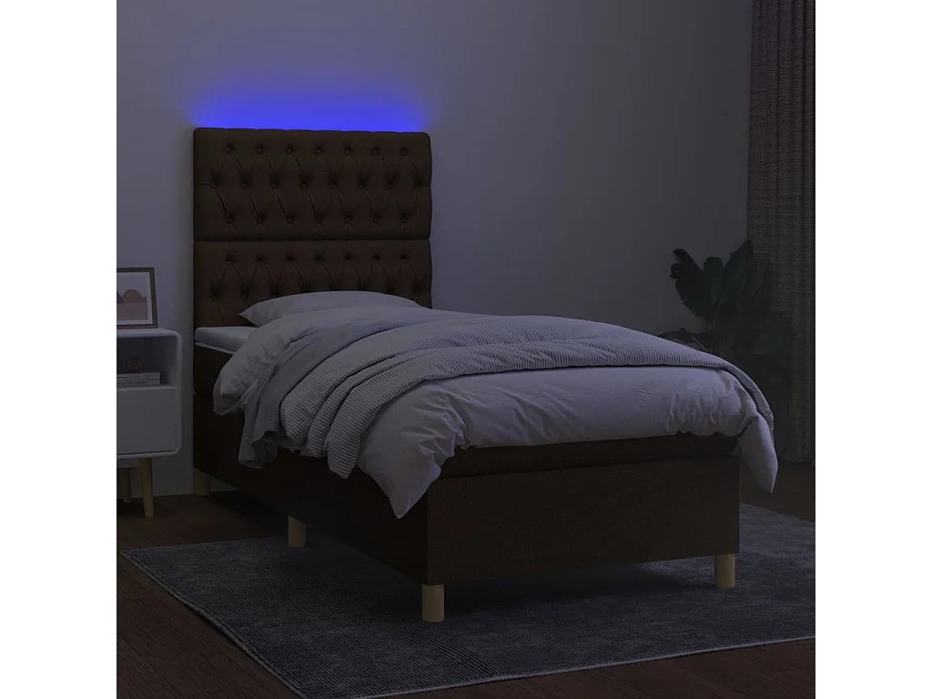 Letto a Molle Materasso e LED Marrone Scuro 90x190cm in Tessuto