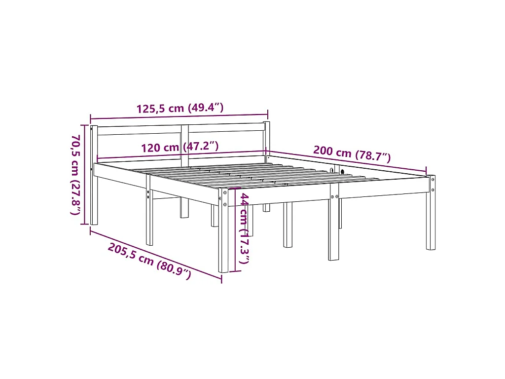 Lit pour personne âgée sans matelas 120x200 cm bois pin massif
