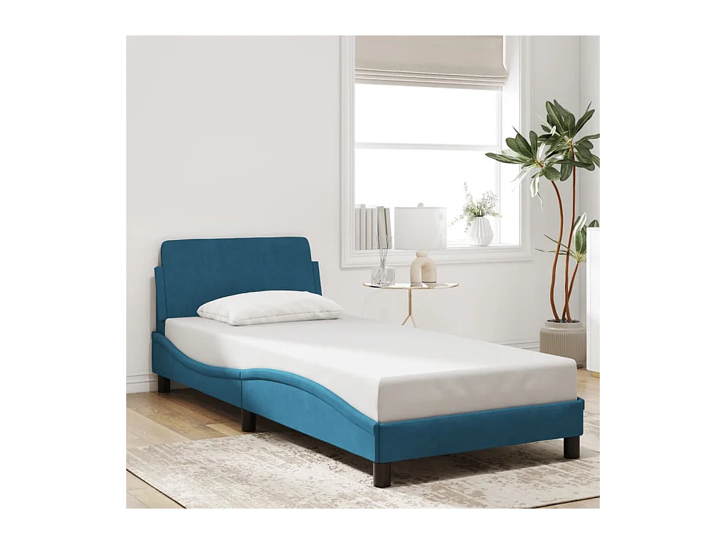 Cadre de lit et tête de lit sans matelas bleu 90x200 cm velours