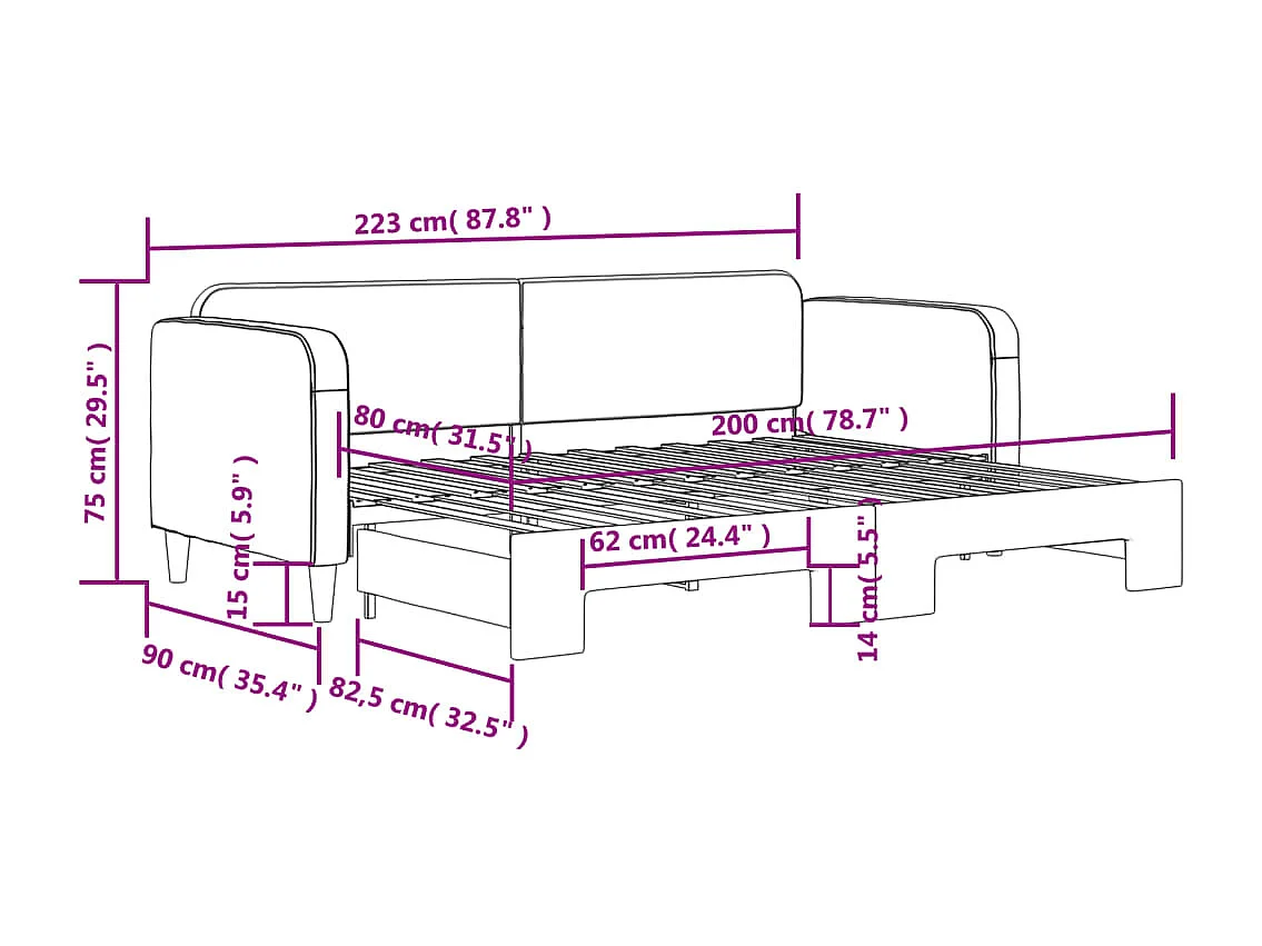 Slaapbank met onderschuifbed 80x200 cm stof lichtgrijs