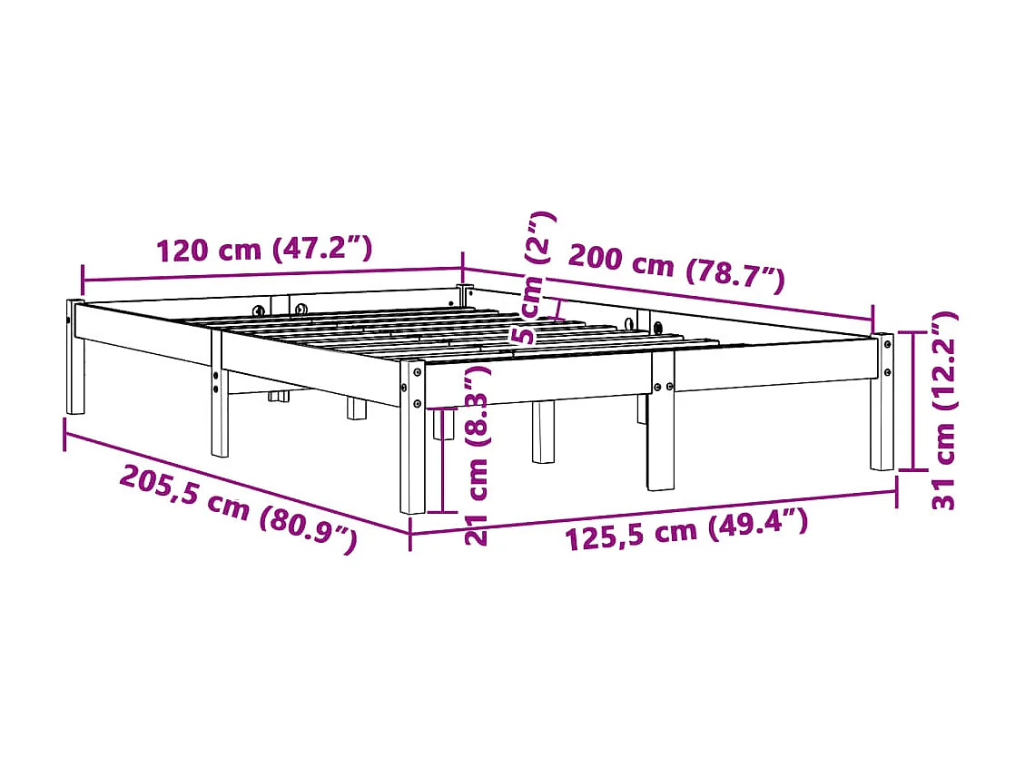 Cadre de lit sans matelas cire marron 120x200cm bois pin massif