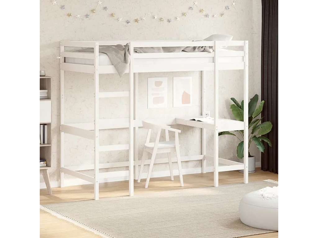 Cama alta com secretária 90x200 cm pinho maciço branco