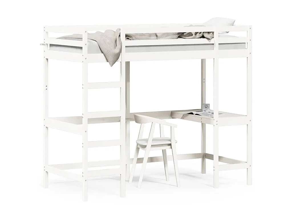 Hochbett mit Schreibtisch Weiß 90x200 cm Massivholz Kiefer