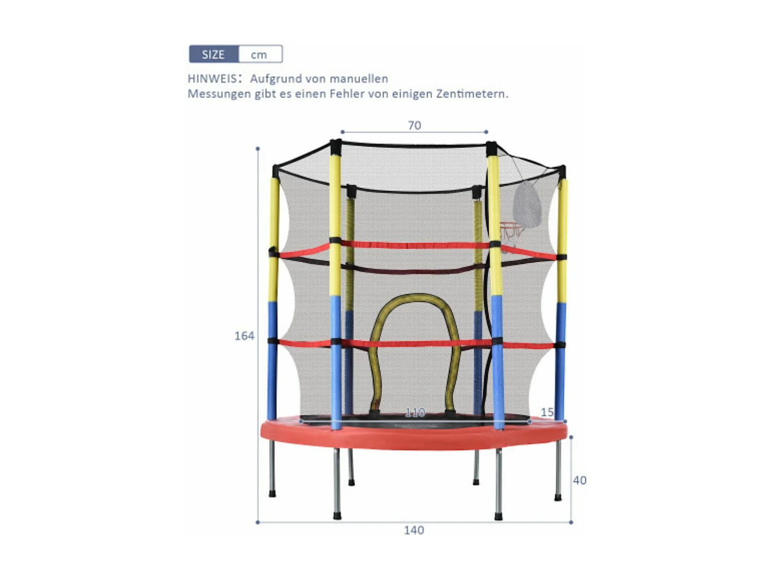 Trampoline pour enfants avec panier de basketball, 45 kg, taille totale (H*L) : 164x140 cm, rouge/jaune/bleu