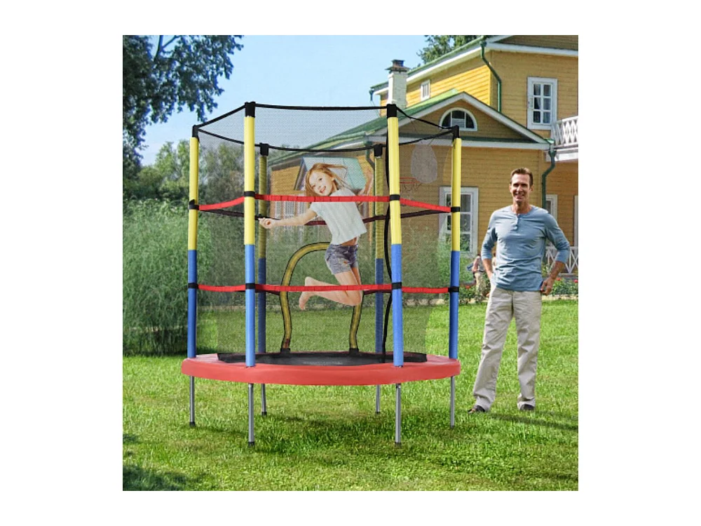 Trampoline pour enfants avec panier de basketball, 45 kg, taille totale (H*L) : 164x140 cm, rouge/jaune/bleu