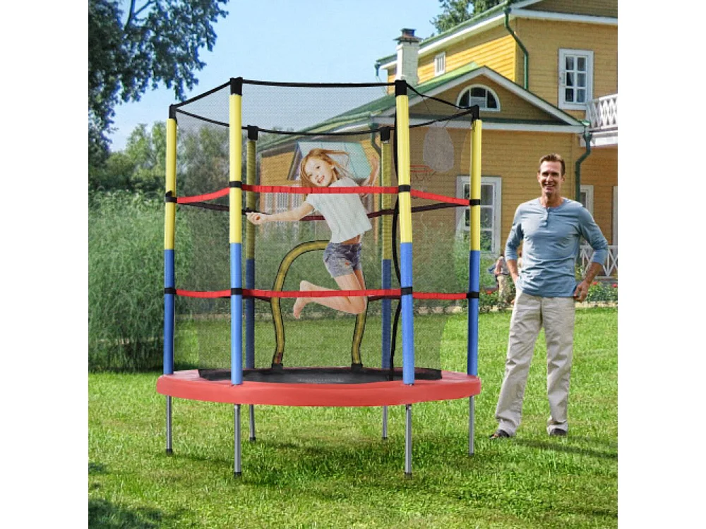 Kindertrampoline met basketbalnet, 45 kg, totale afmeting (H*L): 164x140 cm, rood/geel/blauw