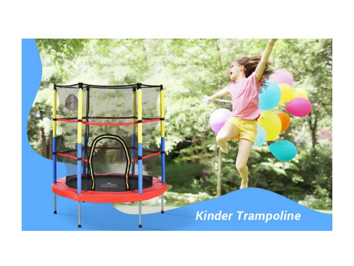 Kindertrampoline met basketbalnet, 45 kg, totale afmeting (H*L): 164x140 cm, rood/geel/blauw