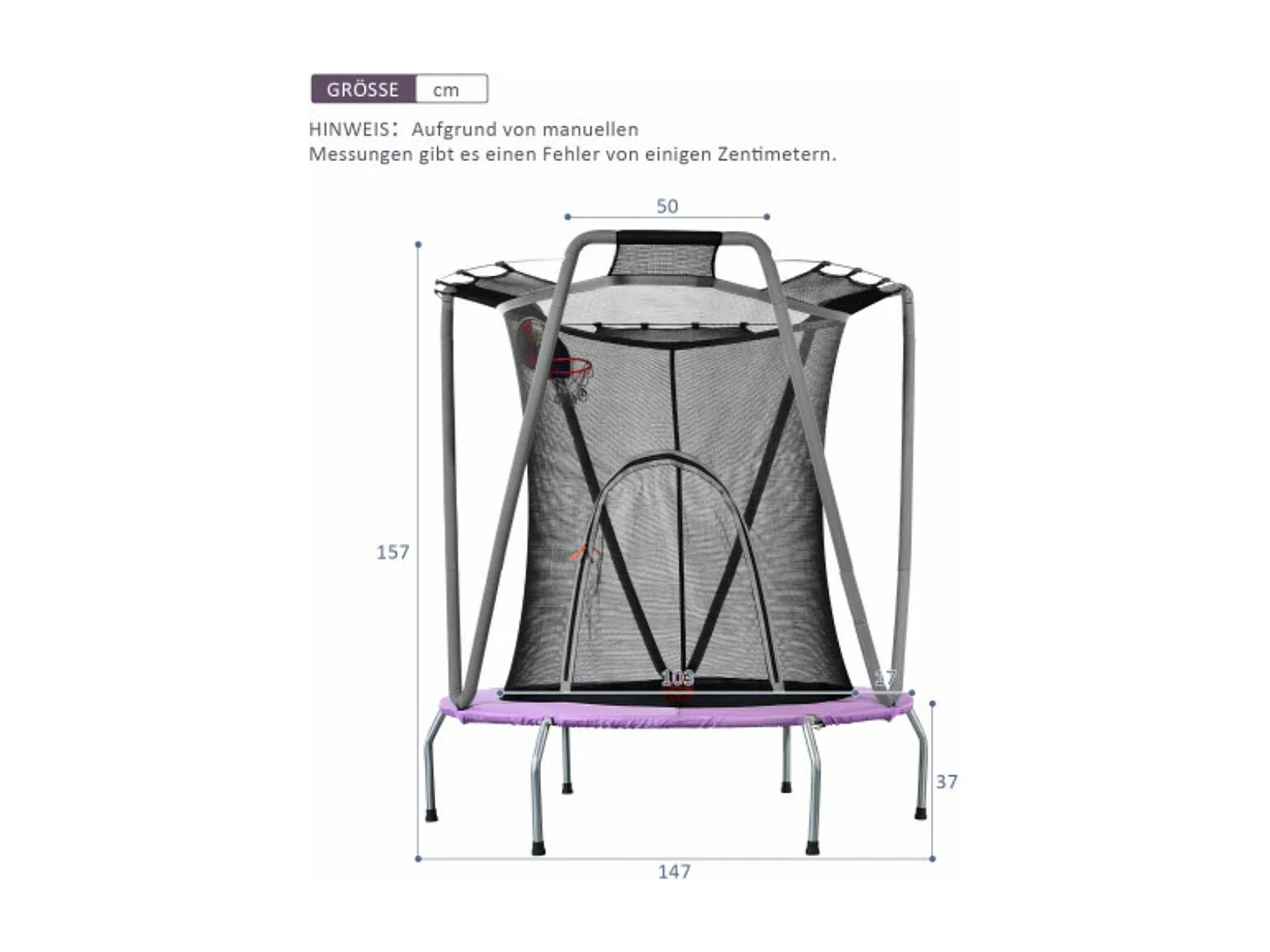 Trampolín redondo para uso en interiores y exteriores, 50 kg, tamaño (alto x largo): 157x147 cm, violeta/gris