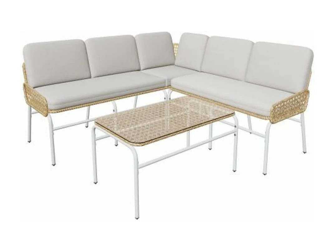 Sofa en poly-rotin, ensemble de salon de jardin gris et naturel