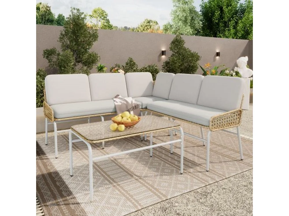 Sofa en poly-rotin, ensemble de salon de jardin gris et naturel