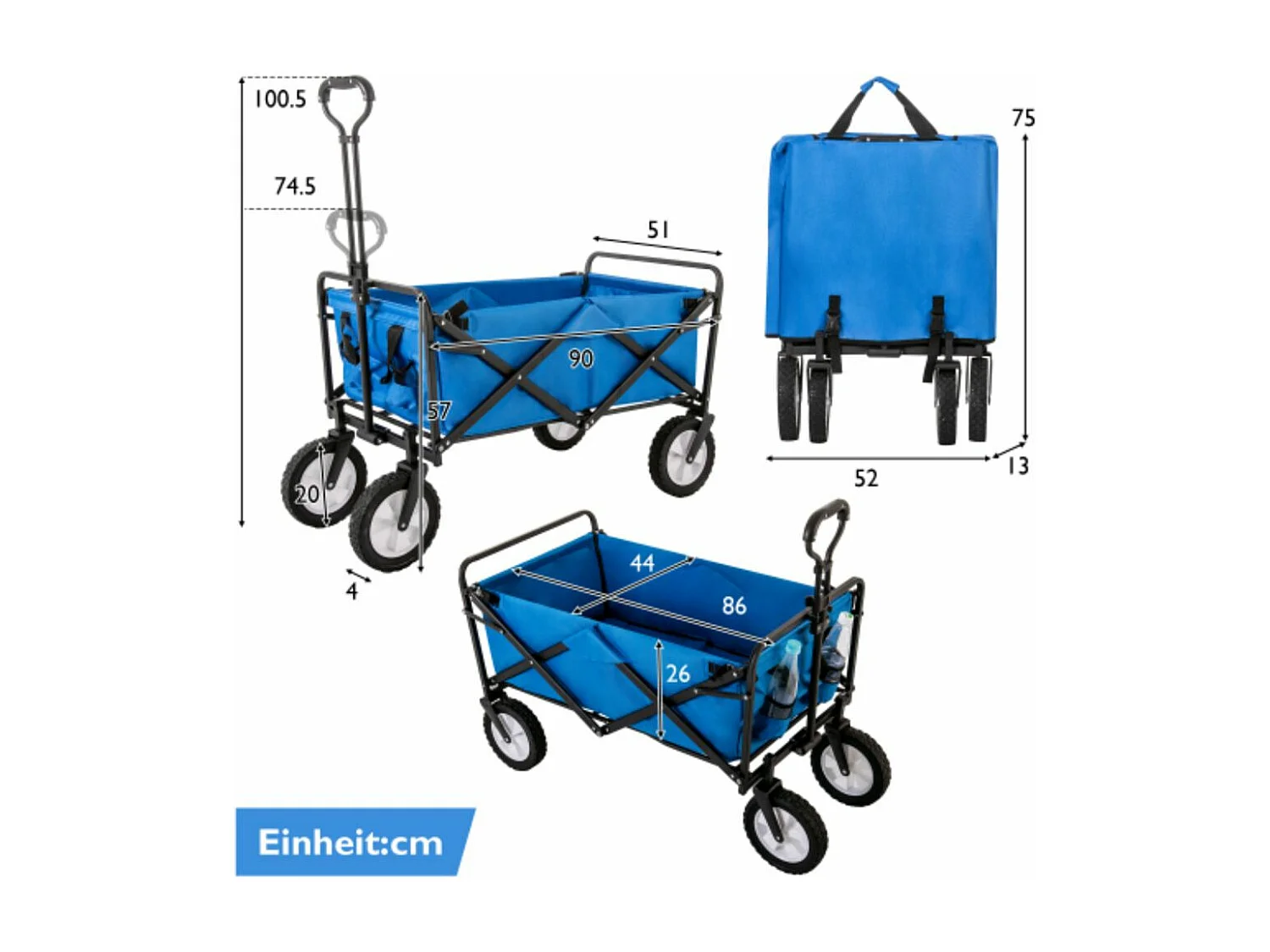 Rimorchio fuoristrada pieghevole per carrello da giardino, blu