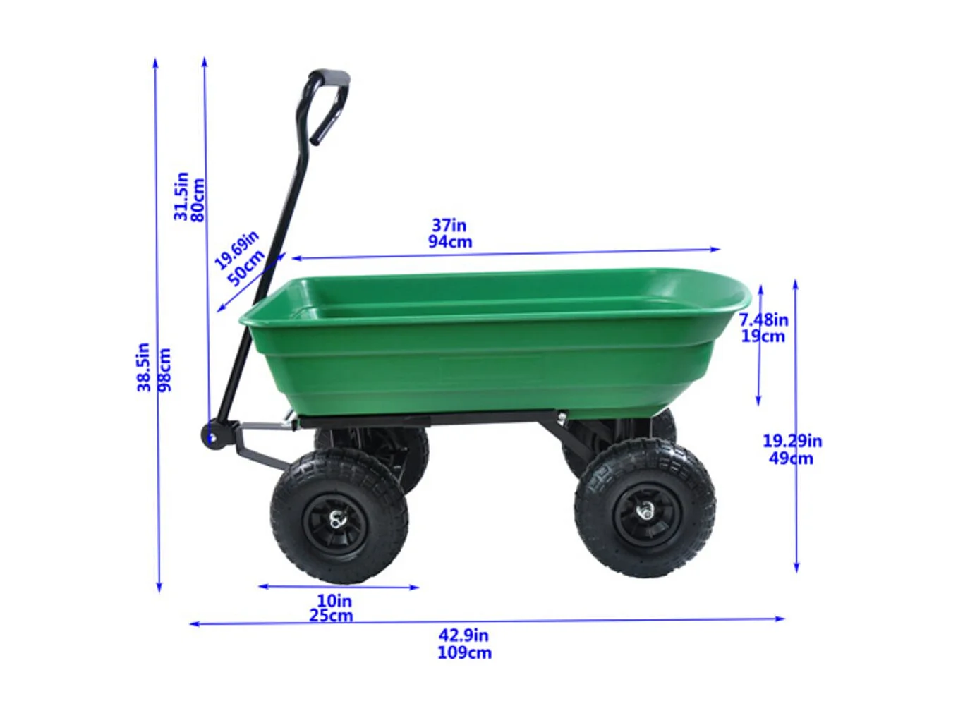 Reboque dobrável Poly Garden com estrutura de aço, caçamba de 75 litros