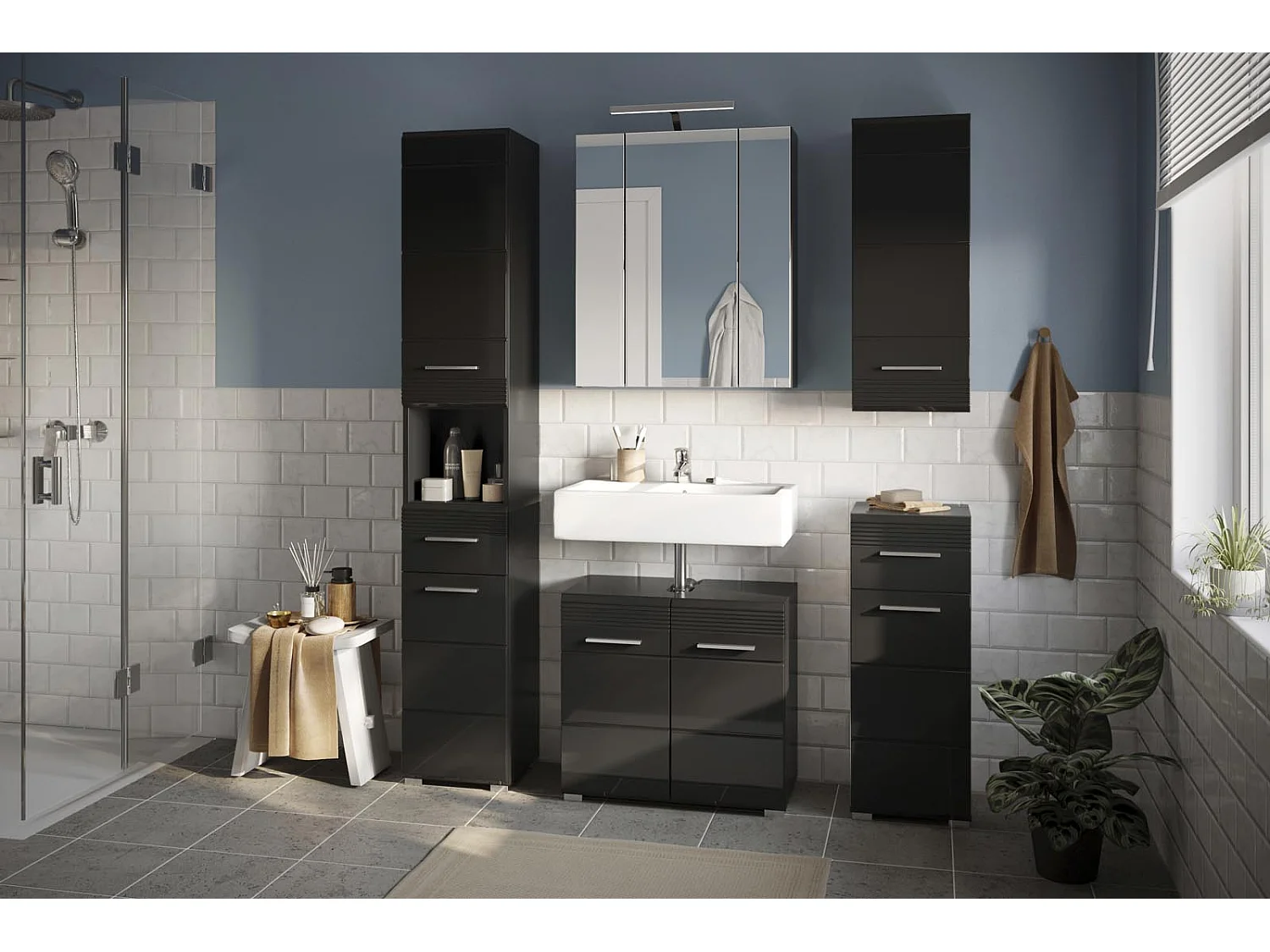Linus armoire haute pour salle de bain 2 portes, 1 tiroir, 1 tablette  brillant noir,noir.