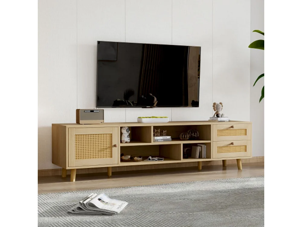 Premium houtkleurig rieten tv-meubel van 160 cm voor een 70-inch televisie