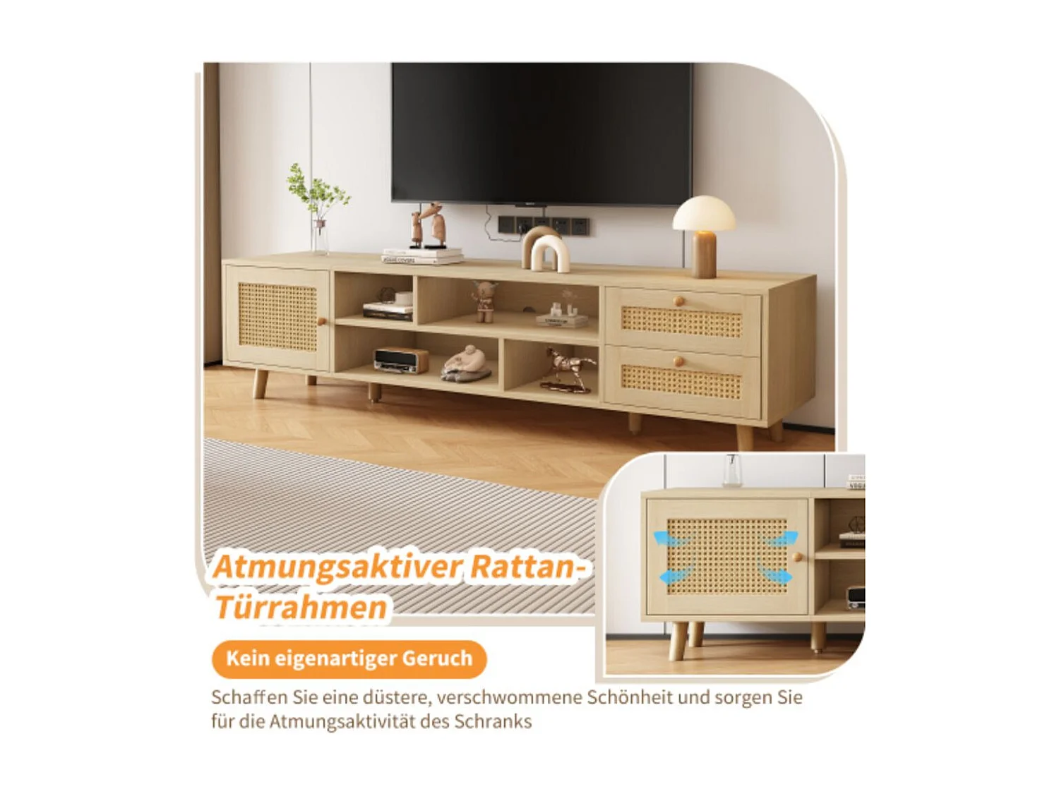 Premium houtkleurig rieten tv-meubel van 160 cm voor een 70-inch televisie