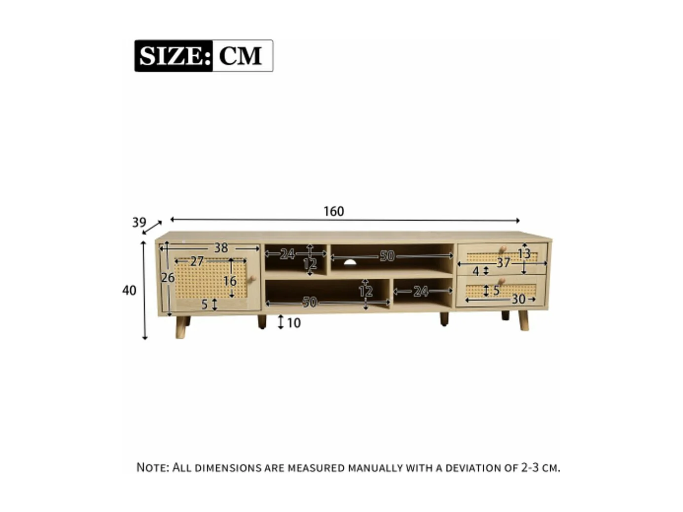 Meuble TV en rotin couleur bois premium de 160 cm pour téléviseur de 70 pouces