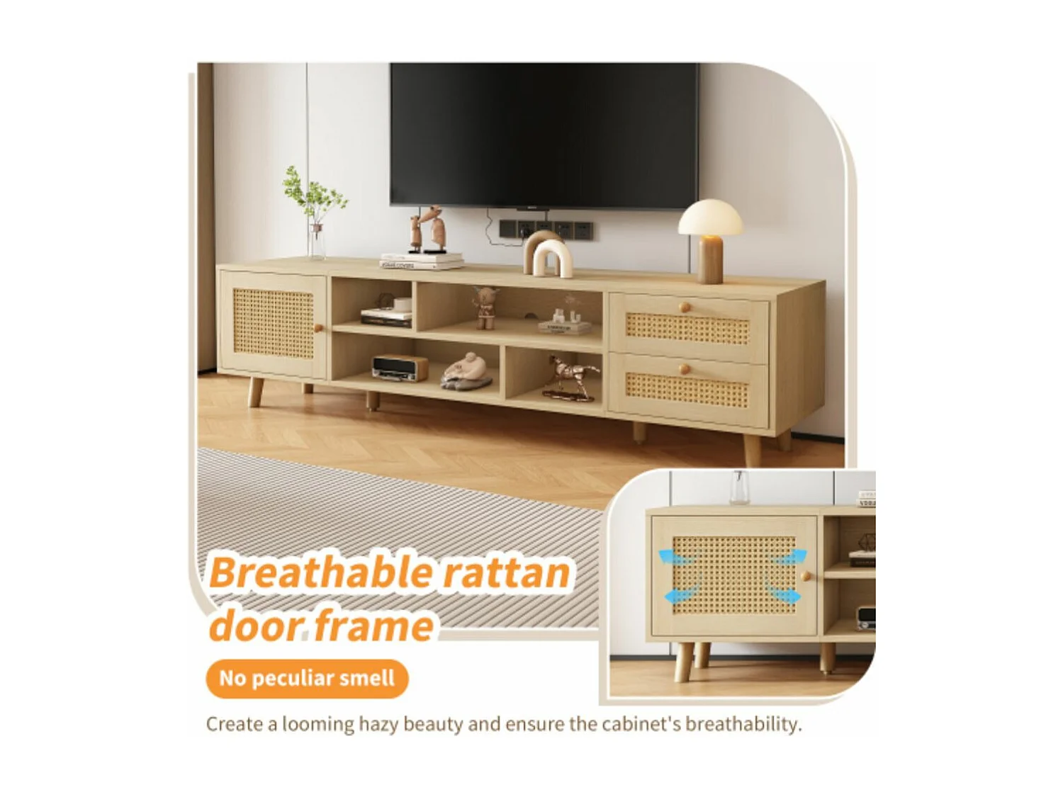 Meuble TV en rotin couleur bois premium de 160 cm pour téléviseur de 70 pouces