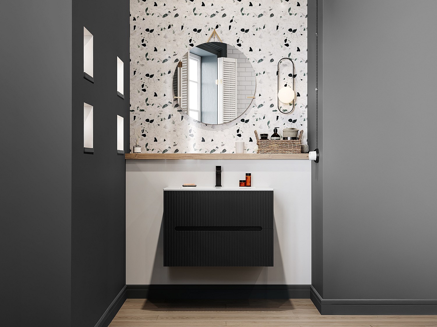 Waschbeckenunterschrank hängend - 80 cm - Schwarz gerippt - PAVANI günstig online kaufen