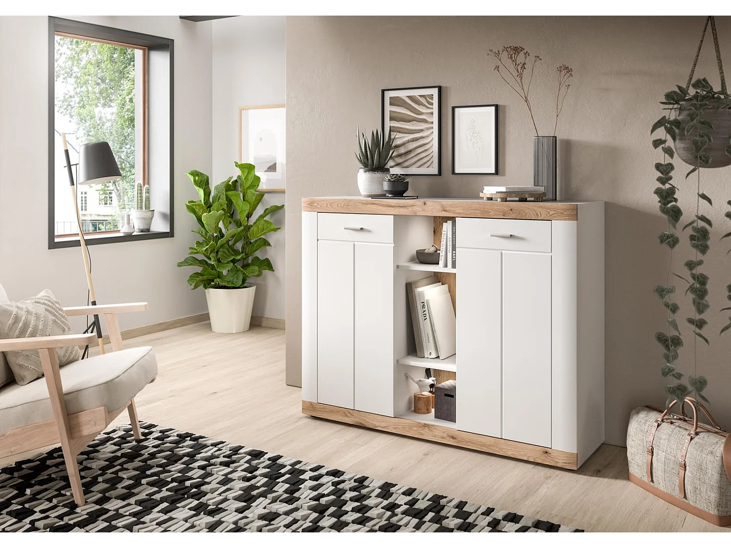 Laredo Sideboard 2 Türen, 2 Ablagen matt weiß,Eiche dekor,weiß.