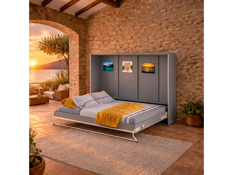 Lenart Armoire Lit escamotable Horizontal 140x200 cm Gris Lit Rabattable Lit Mural Consus pro