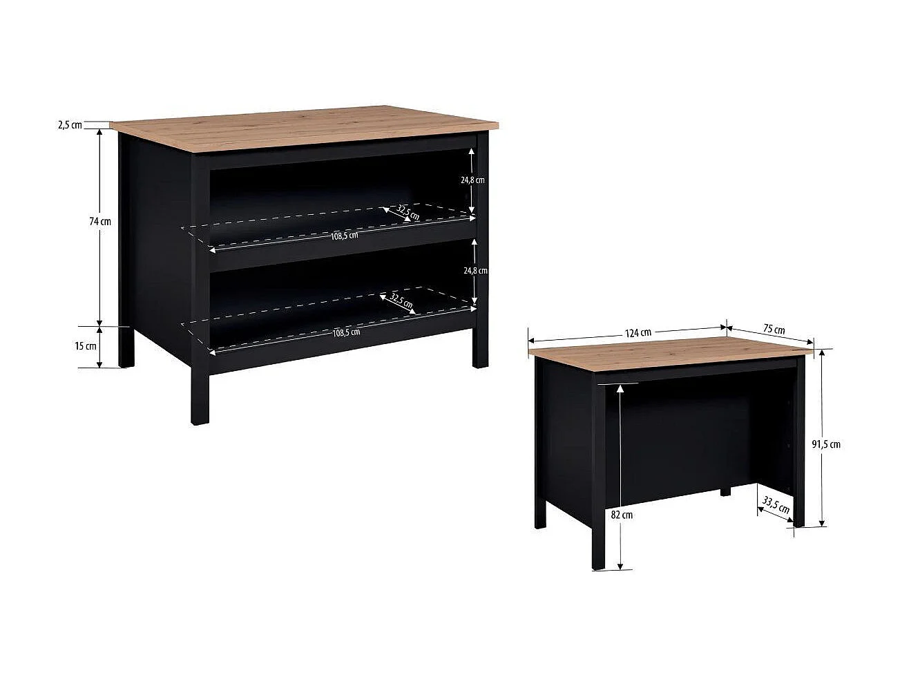 Ilot de Cuisine "Melina" 124cm Noir & Chêne