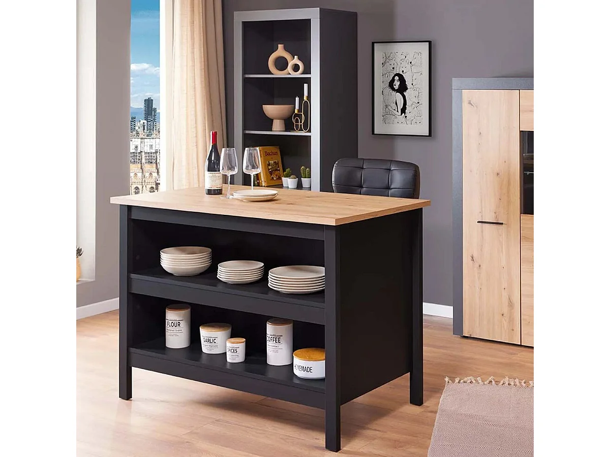 Ilot de Cuisine "Melina" 124cm Noir & Chêne
