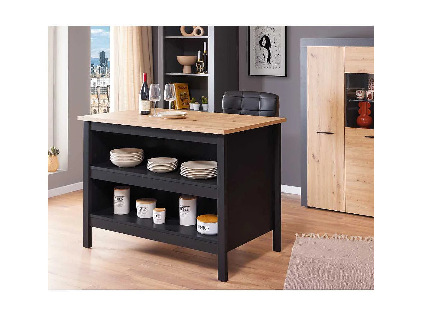 Helina buffet îlot de cuisine, 2 tablettes noir,chêne décor.