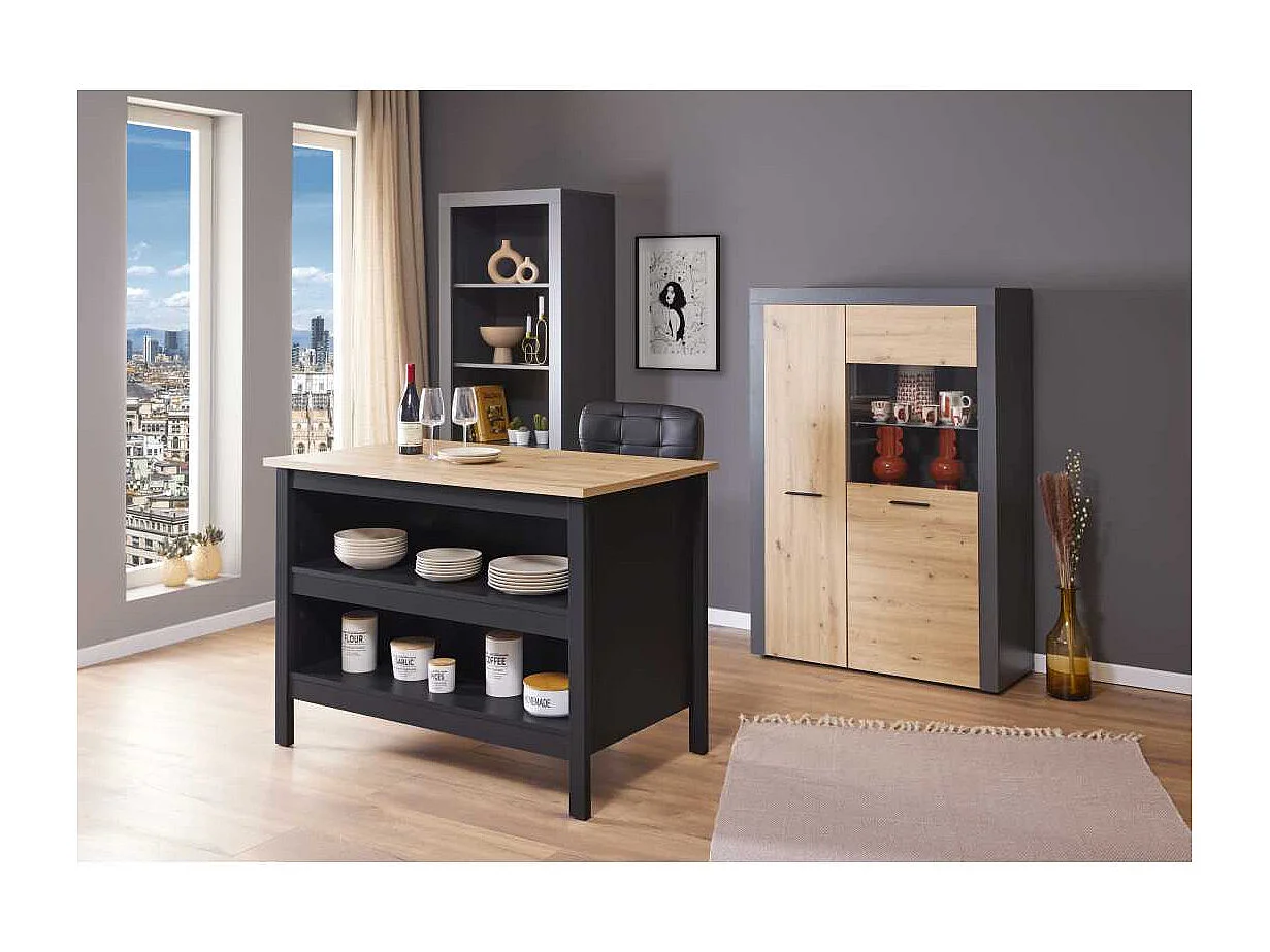 Helina buffet îlot de cuisine, 2 tablettes noir,chêne décor.