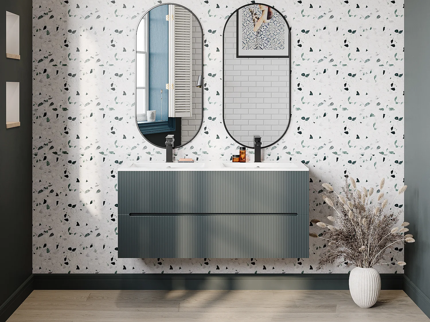 Meuble sous vasque suspendu strié gris - 120 cm - PAVANI