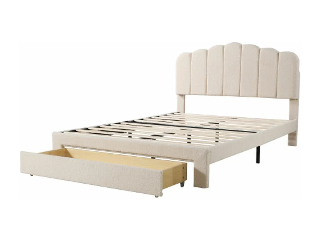 Lit pour enfants 140x200cm en tissu Teddy doux, avec étagères de rangement, beige