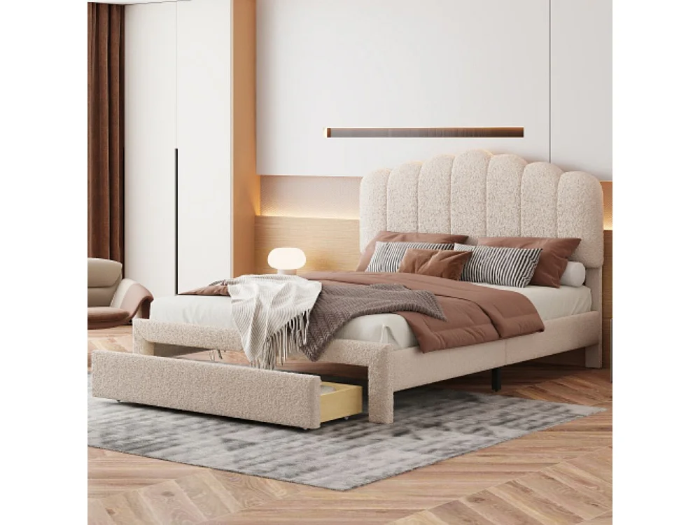 Lit pour enfants 140x200cm en tissu Teddy doux, avec étagères de rangement, beige