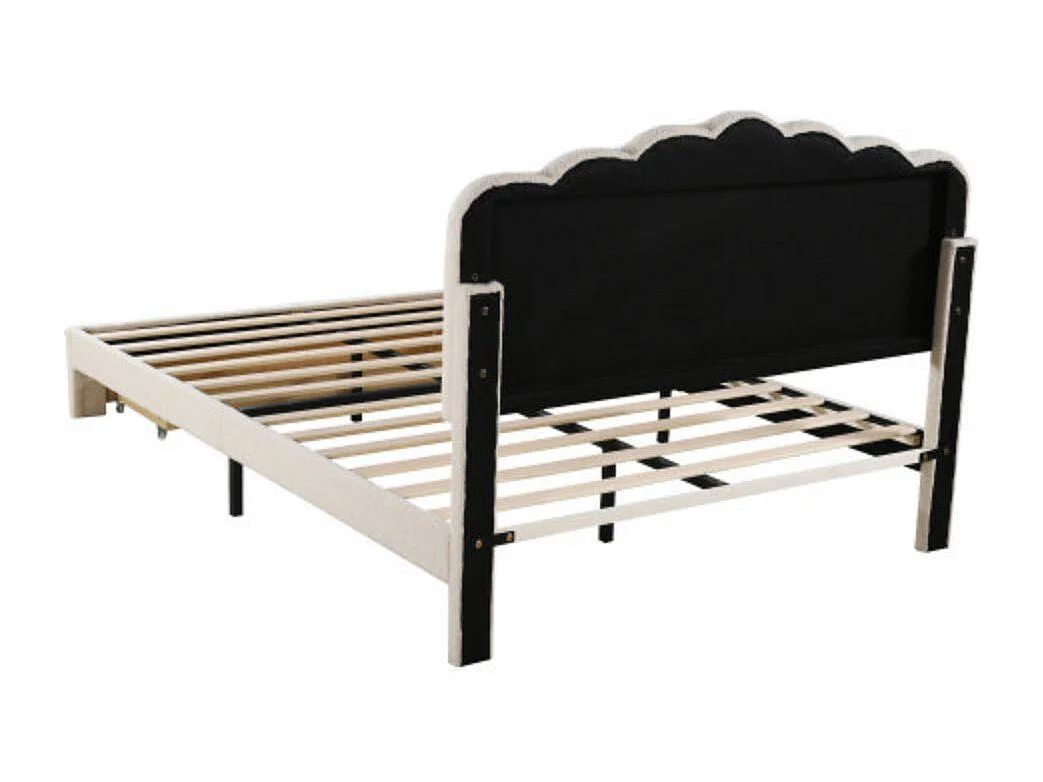 Lit pour enfants 140x200cm en tissu Teddy doux, avec étagères de rangement, beige