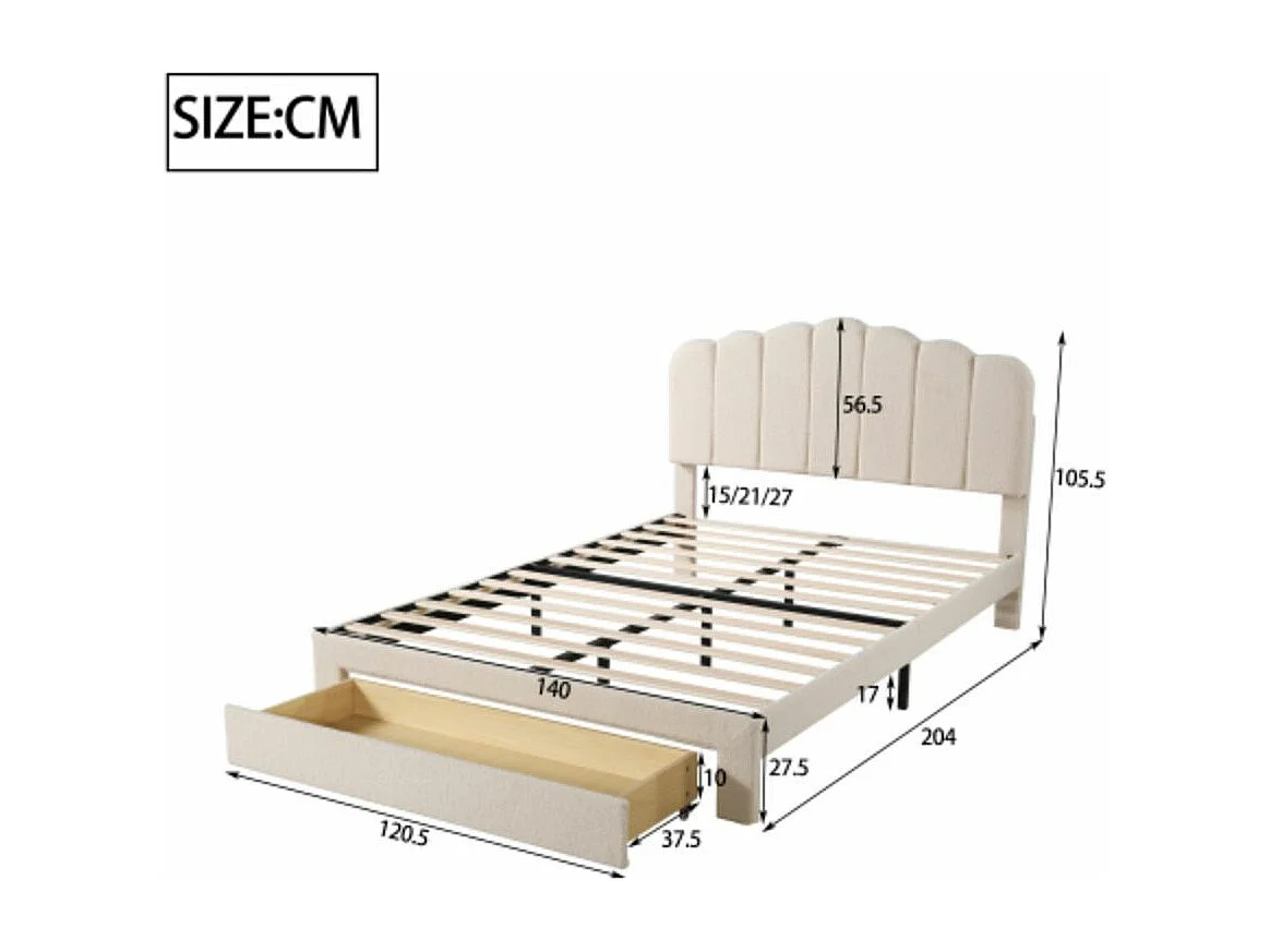 Lit pour enfants 140x200cm en tissu Teddy doux, avec étagères de rangement, beige