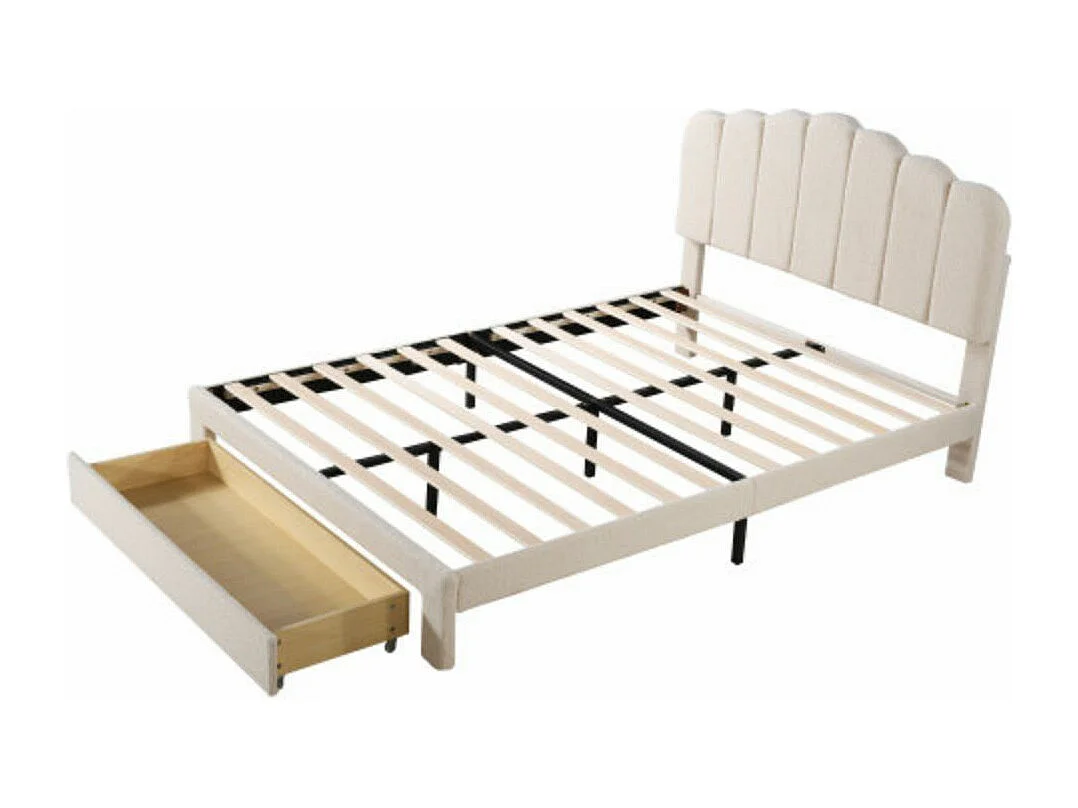 Lit pour enfants 140x200cm en tissu Teddy doux, avec étagères de rangement, beige