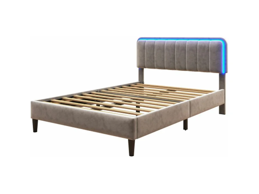 Lit rembourré 140*200 avec table de chevet à LED changeante de couleur, gris