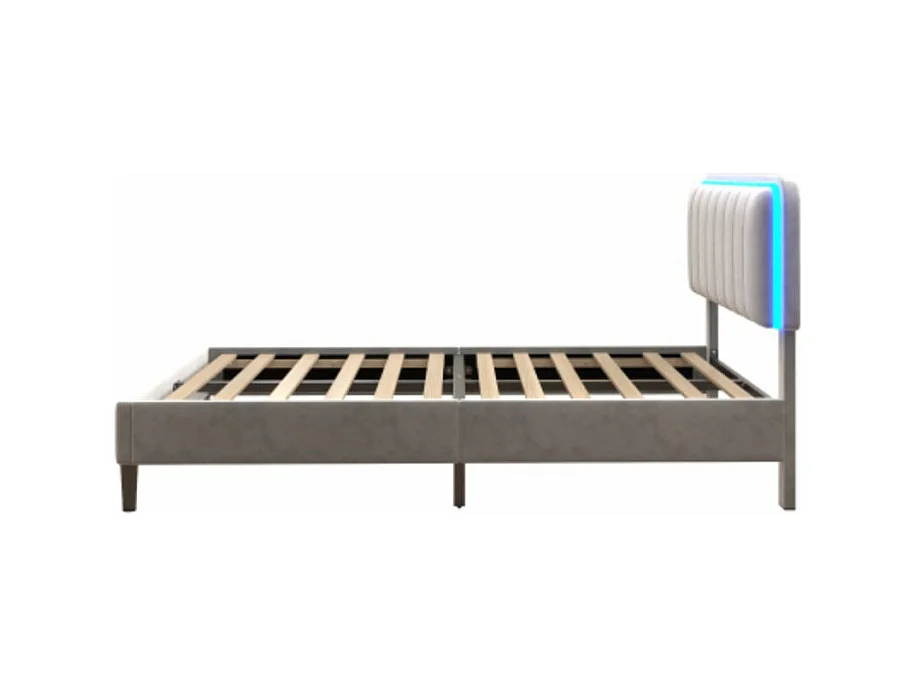 Lit rembourré 140*200 avec table de chevet à LED changeante de couleur, gris